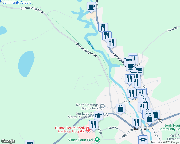 map of restaurants, bars, coffee shops, grocery stores, and more near 10 Forest Hill Road in Bancroft