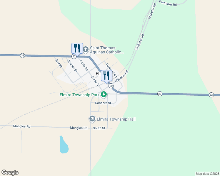 map of restaurants, bars, coffee shops, grocery stores, and more near 8774 Michigan 32 in Elmira