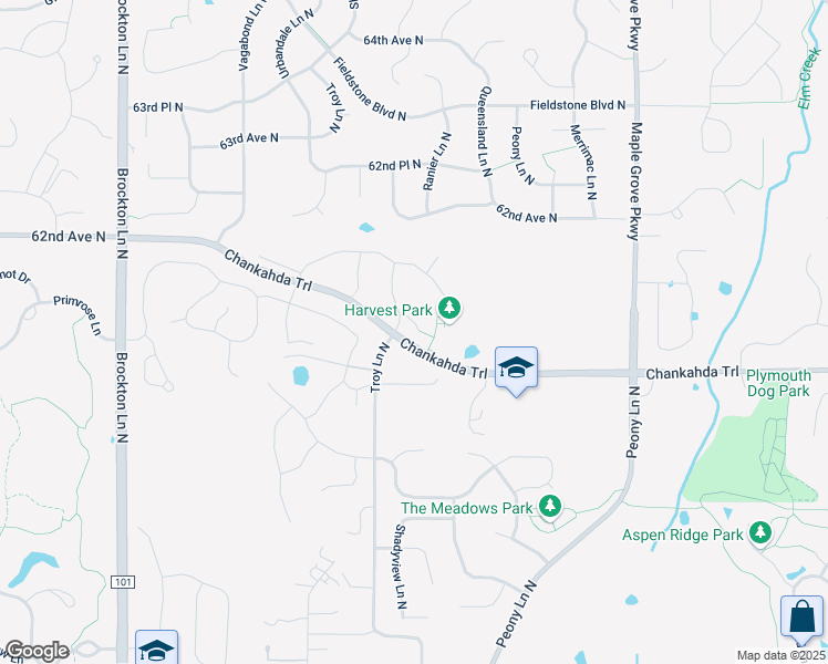 map of restaurants, bars, coffee shops, grocery stores, and more near 6088 Troy Lane North in Minneapolis