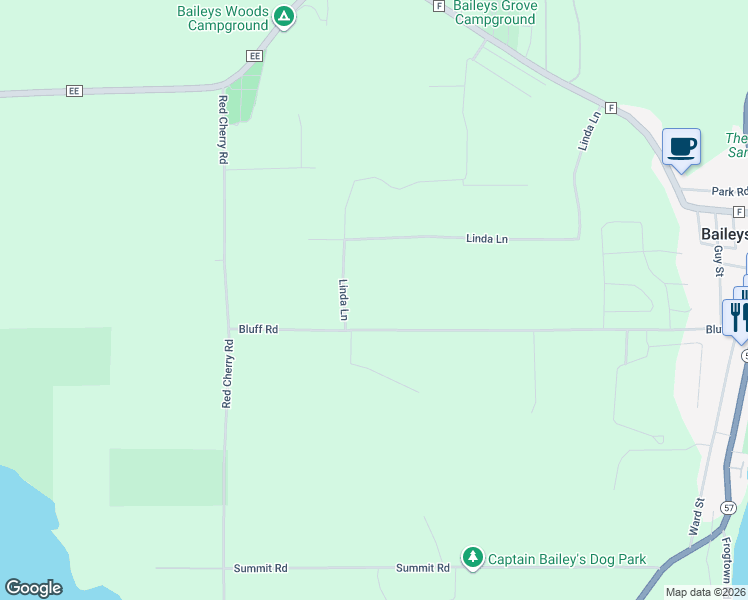 map of restaurants, bars, coffee shops, grocery stores, and more near 2618 Bluff Road in Baileys Harbor