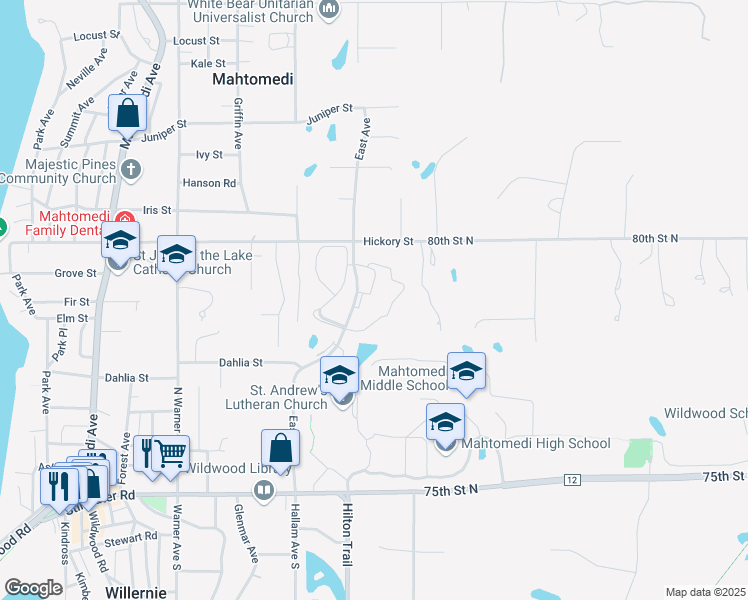 map of restaurants, bars, coffee shops, grocery stores, and more near 240 East Avenue in Mahtomedi