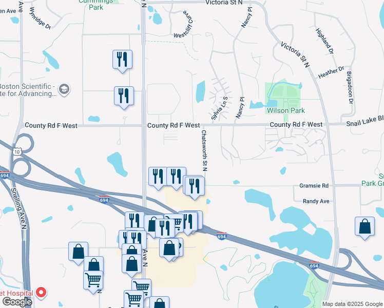 map of restaurants, bars, coffee shops, grocery stores, and more near 3947-4015 Chatsworth Street North in Shoreview