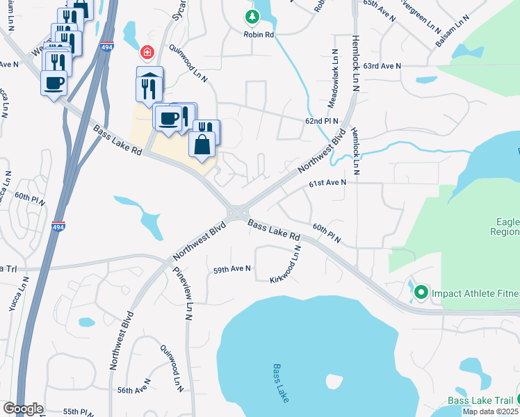 map of restaurants, bars, coffee shops, grocery stores, and more near 12320 61st Avenue North in Minneapolis