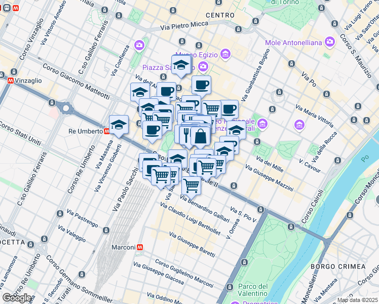 map of restaurants, bars, coffee shops, grocery stores, and more near 5 Via Urbano Rattazzi in Turin