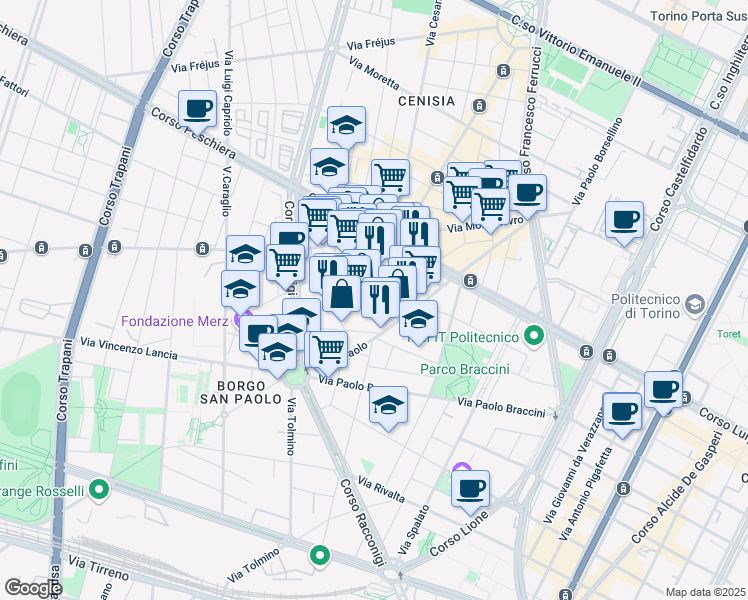 map of restaurants, bars, coffee shops, grocery stores, and more near 11 Via Volvera in Torino