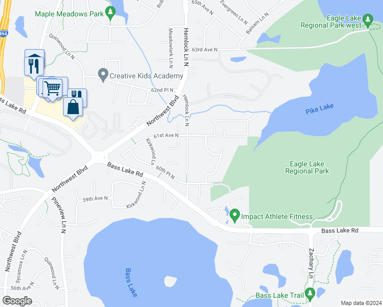 map of restaurants, bars, coffee shops, grocery stores, and more near 6040 Hemlock Lane North in Plymouth