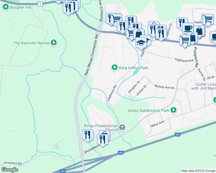 map of restaurants, bars, coffee shops, grocery stores, and more near 12 Kara Anne Crescent in New Minas