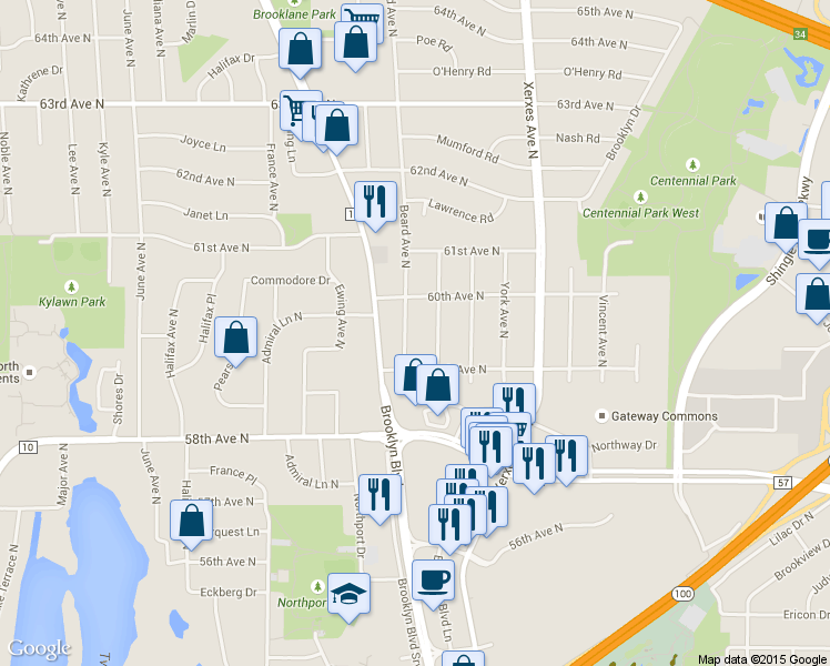 map of restaurants, bars, coffee shops, grocery stores, and more near 5924 Beard Avenue North in Minneapolis