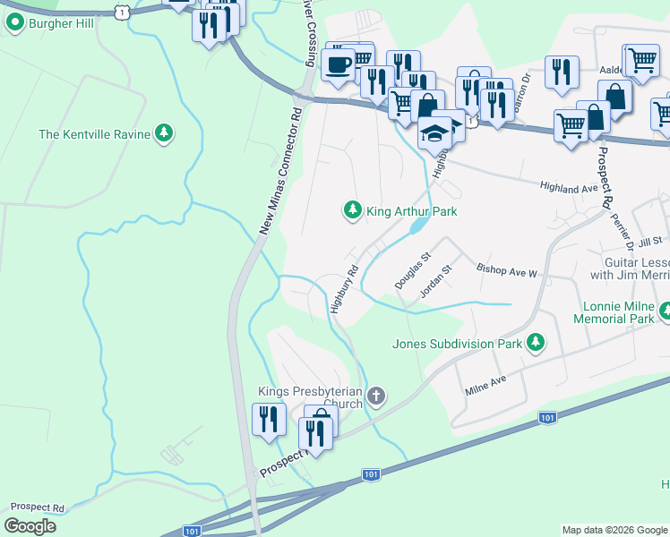map of restaurants, bars, coffee shops, grocery stores, and more near 6 Kara Anne Crescent in New Minas