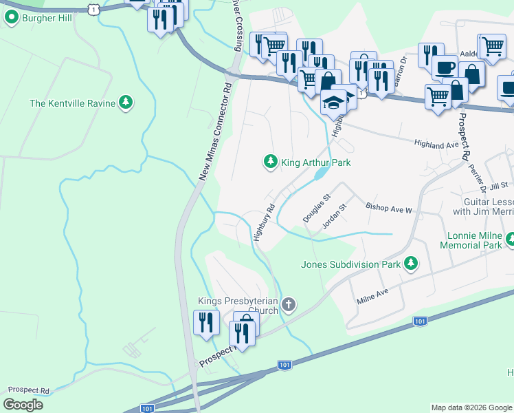 map of restaurants, bars, coffee shops, grocery stores, and more near 6 Kara Anne Crescent in New Minas