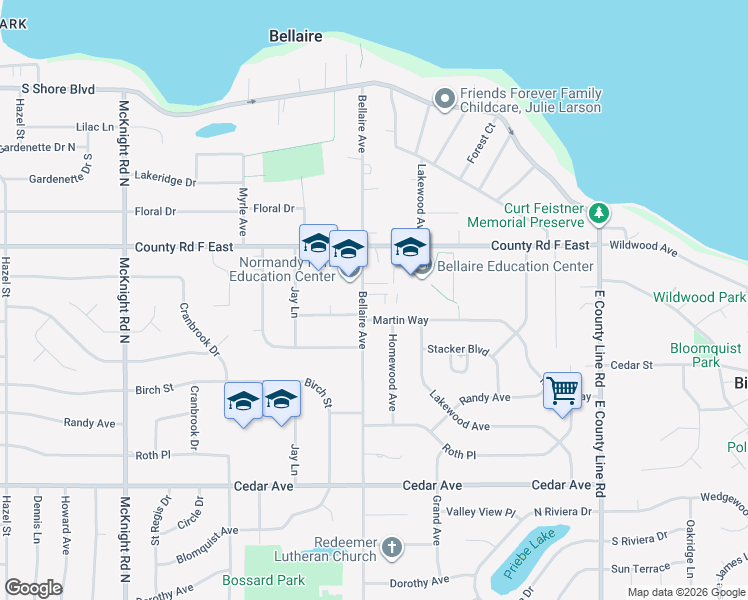 map of restaurants, bars, coffee shops, grocery stores, and more near 4020 Bellaire Avenue in White Bear Lake