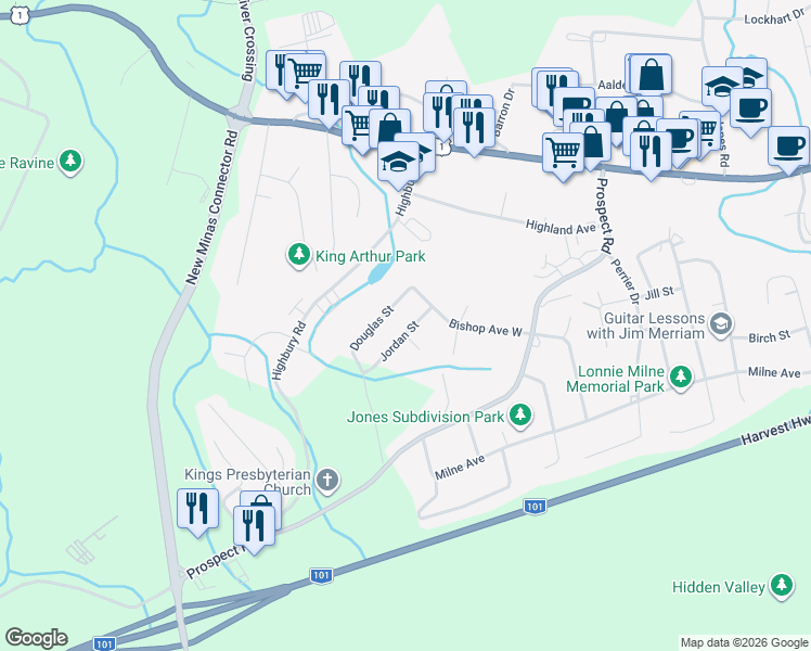 map of restaurants, bars, coffee shops, grocery stores, and more near 18 Jordan Street in New Minas