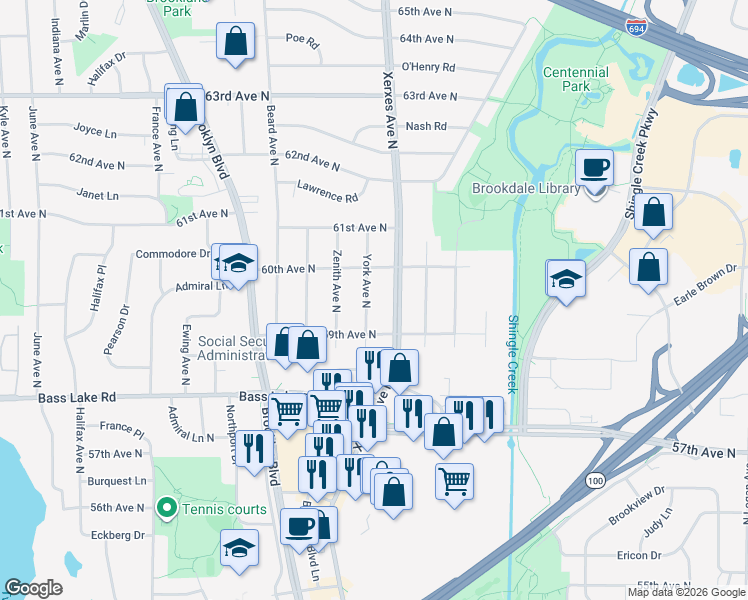 map of restaurants, bars, coffee shops, grocery stores, and more near 5924 York Avenue North in Minneapolis
