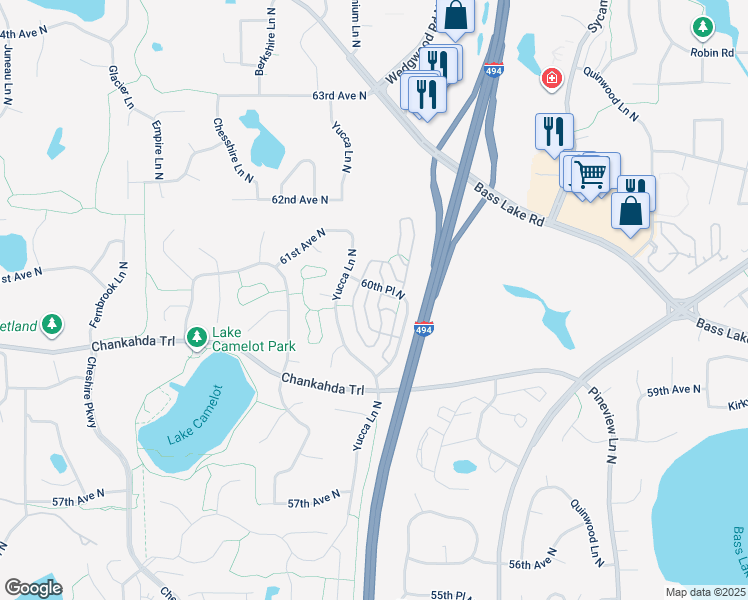 map of restaurants, bars, coffee shops, grocery stores, and more near 13465 60th Place North in Minneapolis