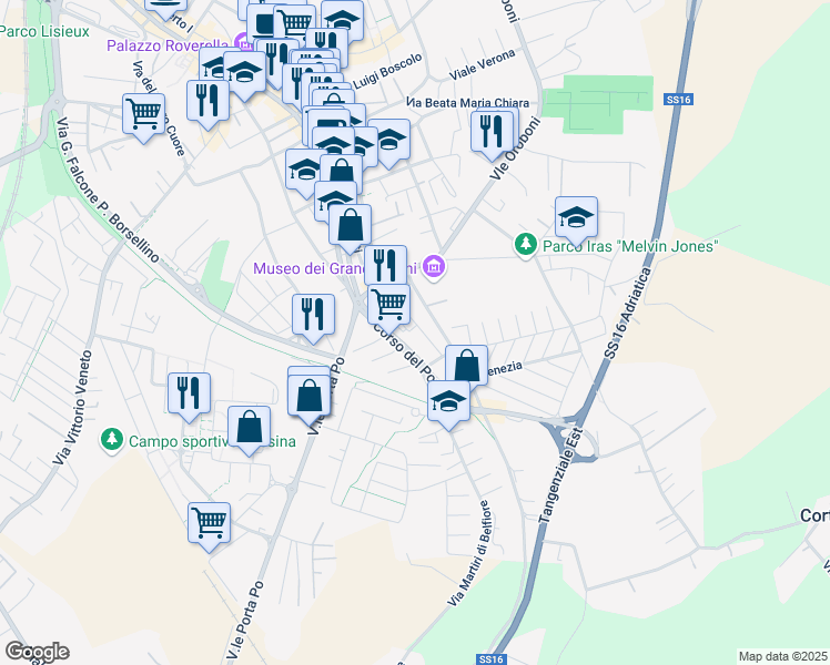 map of restaurants, bars, coffee shops, grocery stores, and more near 419 Corso del Popolo in Rovigo