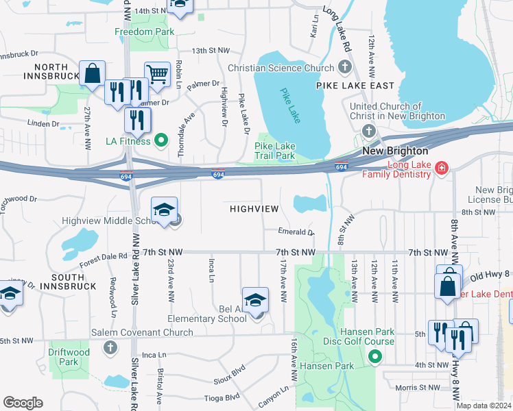map of restaurants, bars, coffee shops, grocery stores, and more near 871 Oakwood Drive in New Brighton