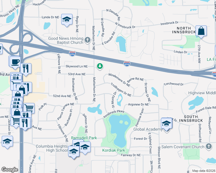 map of restaurants, bars, coffee shops, grocery stores, and more near 1490 Trollhagen Drive Northeast in Fridley