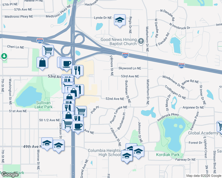 map of restaurants, bars, coffee shops, grocery stores, and more near 5210 Pierce Street Northeast in Fridley