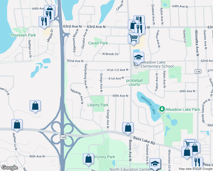 map of restaurants, bars, coffee shops, grocery stores, and more near 6030 Ensign Avenue North in Minneapolis