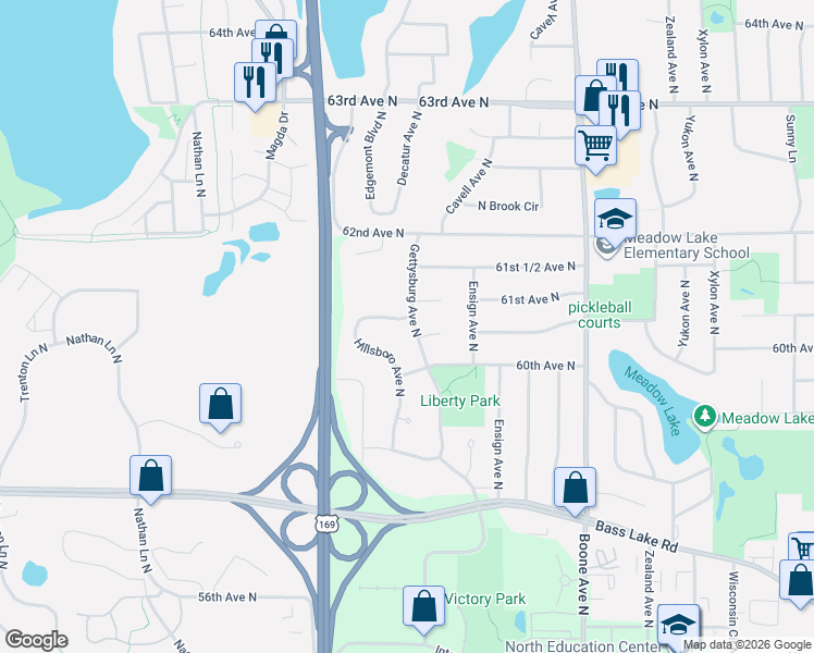 map of restaurants, bars, coffee shops, grocery stores, and more near 6033 Gettysburg Avenue North in Minneapolis