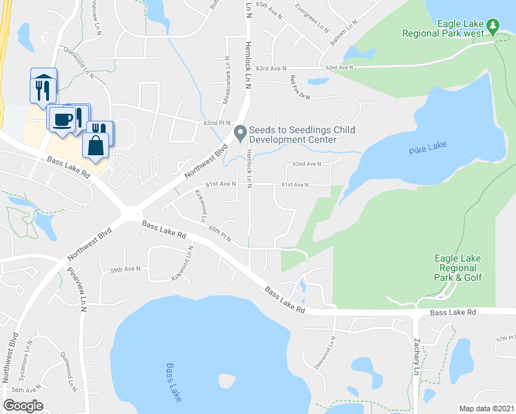 map of restaurants, bars, coffee shops, grocery stores, and more near 6040 Hemlock Lane North in Plymouth