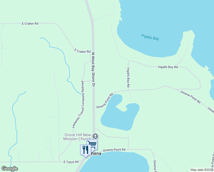 map of restaurants, bars, coffee shops, grocery stores, and more near Omena Point Road in Northport