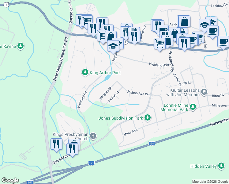 map of restaurants, bars, coffee shops, grocery stores, and more near 18 Jordan Street in New Minas