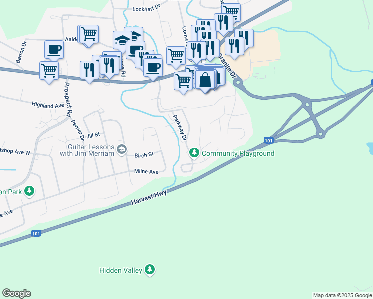 map of restaurants, bars, coffee shops, grocery stores, and more near 108 Parkway Drive in New Minas