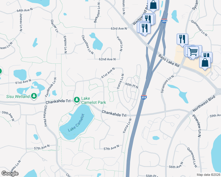 map of restaurants, bars, coffee shops, grocery stores, and more near 13715 60th Place North in Minneapolis