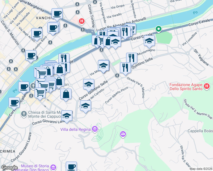 map of restaurants, bars, coffee shops, grocery stores, and more near 28 Via Figlie dei Militari in Torino