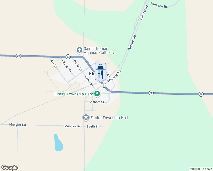 map of restaurants, bars, coffee shops, grocery stores, and more near 8774 Michigan 32 in Elmira