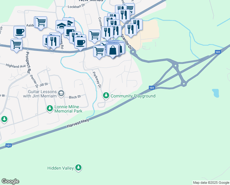 map of restaurants, bars, coffee shops, grocery stores, and more near 16 Maple Leaf Drive in New Minas