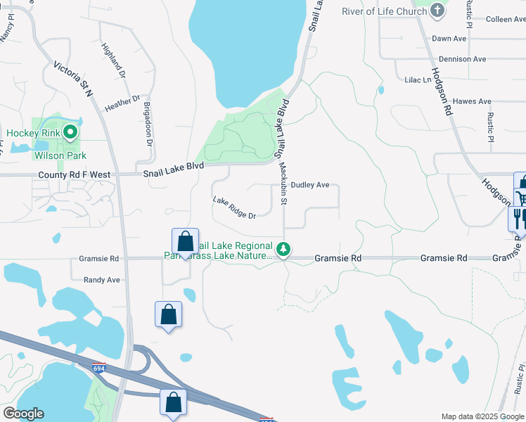 map of restaurants, bars, coffee shops, grocery stores, and more near 531 Lake Ridge Drive in Shoreview