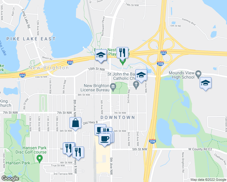 map of restaurants, bars, coffee shops, grocery stores, and more near 803 Old Highway 8 Northwest in New Brighton