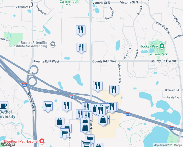 map of restaurants, bars, coffee shops, grocery stores, and more near 4000 Lexington Avenue North in Shoreview