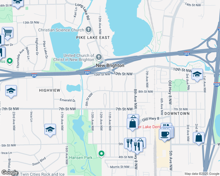 map of restaurants, bars, coffee shops, grocery stores, and more near 1198 8th Street Northwest in New Brighton