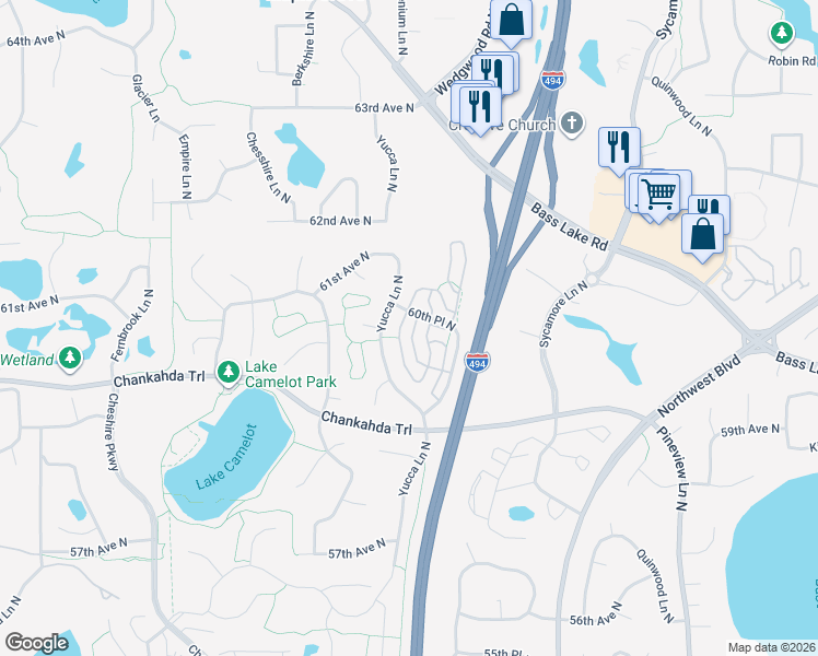 map of restaurants, bars, coffee shops, grocery stores, and more near 13465 60th Place North in Minneapolis