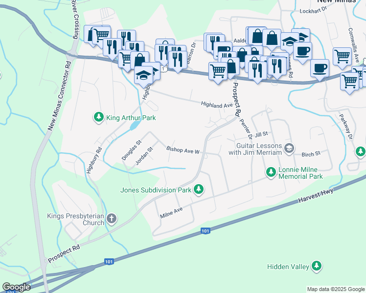 map of restaurants, bars, coffee shops, grocery stores, and more near 28 Bishop Avenue West in New Minas