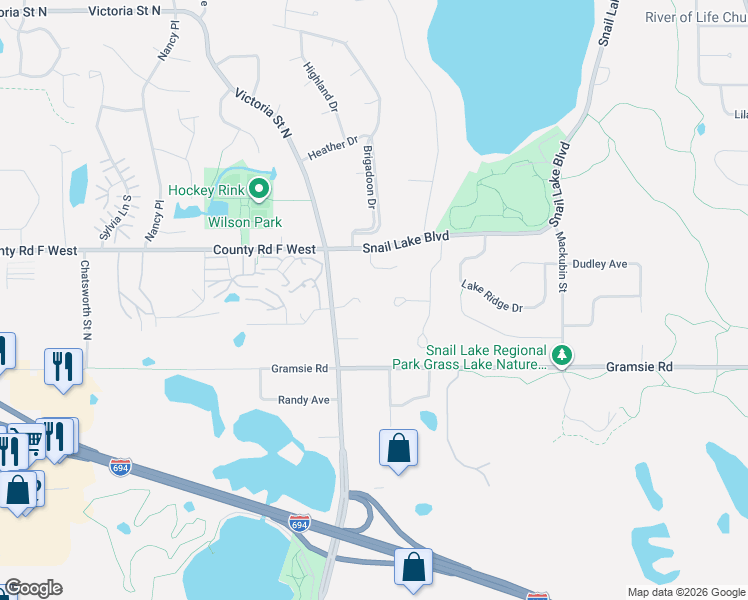 map of restaurants, bars, coffee shops, grocery stores, and more near 690 Valley View Court in Shoreview