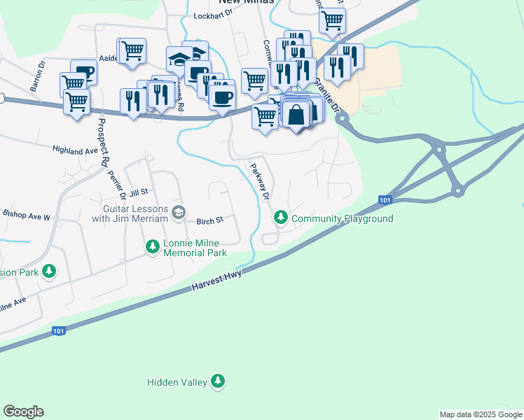 map of restaurants, bars, coffee shops, grocery stores, and more near 102 Parkway Drive in New Minas
