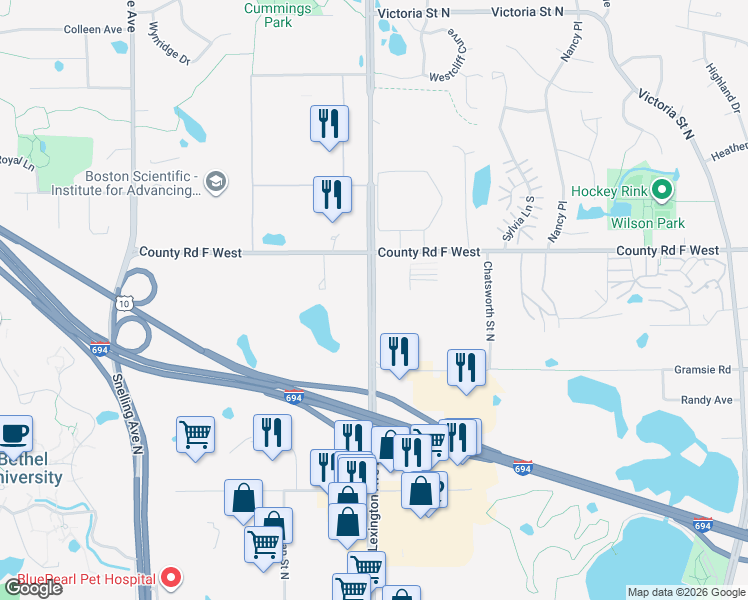 map of restaurants, bars, coffee shops, grocery stores, and more near 4000 Lexington Avenue North in Shoreview