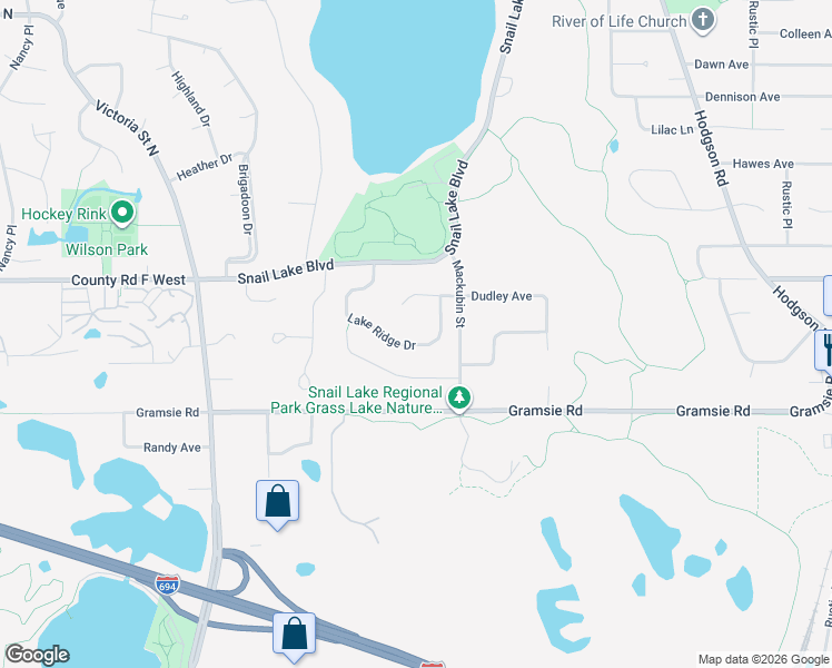 map of restaurants, bars, coffee shops, grocery stores, and more near 531 Lake Ridge Drive in Shoreview