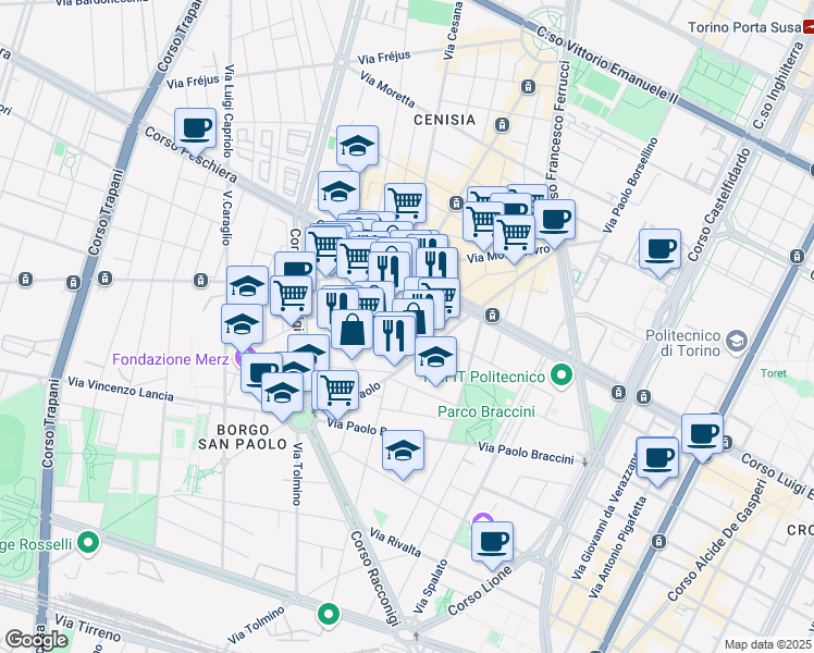 map of restaurants, bars, coffee shops, grocery stores, and more near 11 Via Volvera in Torino