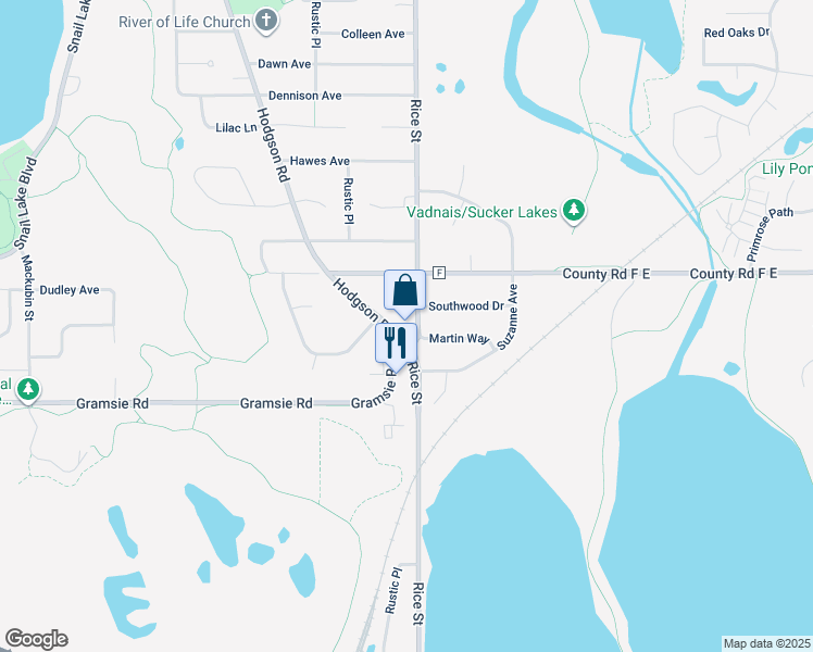 map of restaurants, bars, coffee shops, grocery stores, and more near 4001 Rice Street in Shoreview