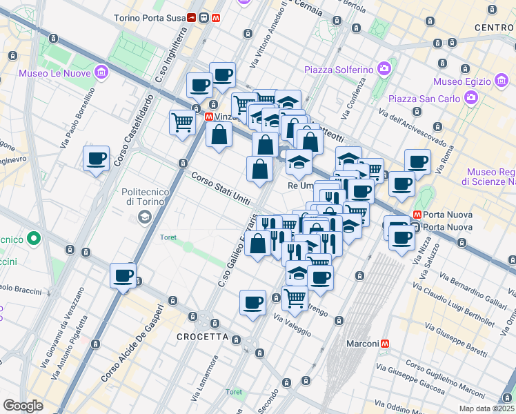 map of restaurants, bars, coffee shops, grocery stores, and more near in Metropolitan City of Turin