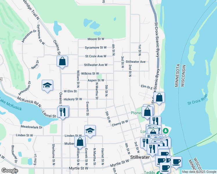 map of restaurants, bars, coffee shops, grocery stores, and more near 306 West Elm Street in Stillwater