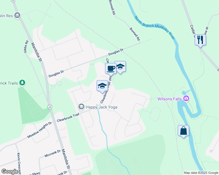 map of restaurants, bars, coffee shops, grocery stores, and more near 64 Clearbrook Trail in Bracebridge