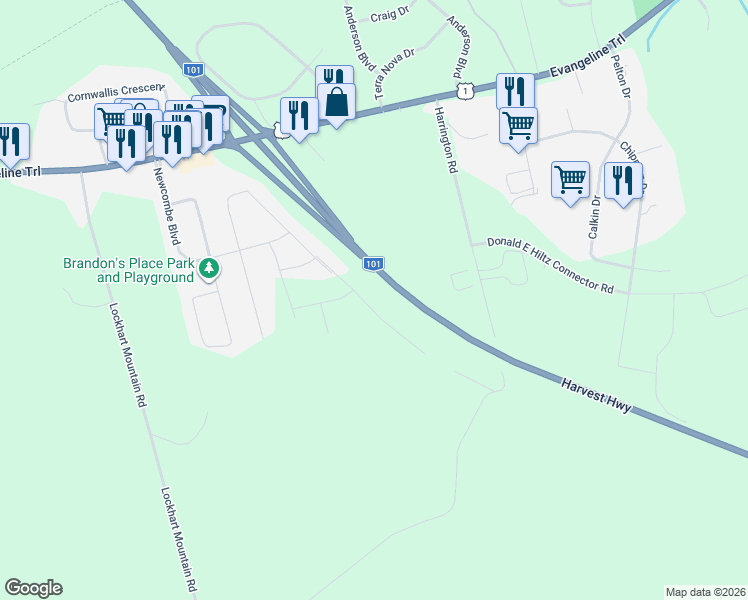 map of restaurants, bars, coffee shops, grocery stores, and more near 1448 Ashlee Drive in Coldbrook