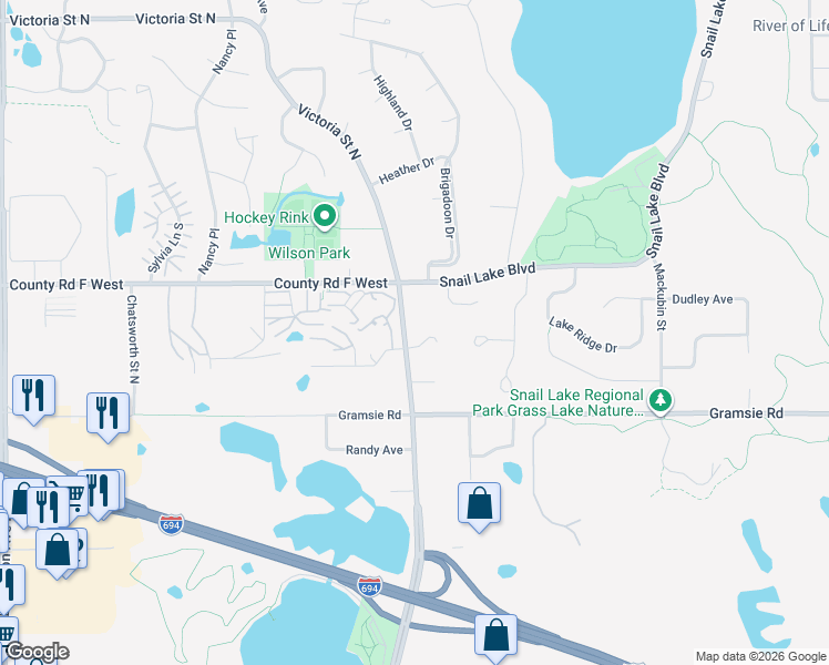 map of restaurants, bars, coffee shops, grocery stores, and more near in Shoreview