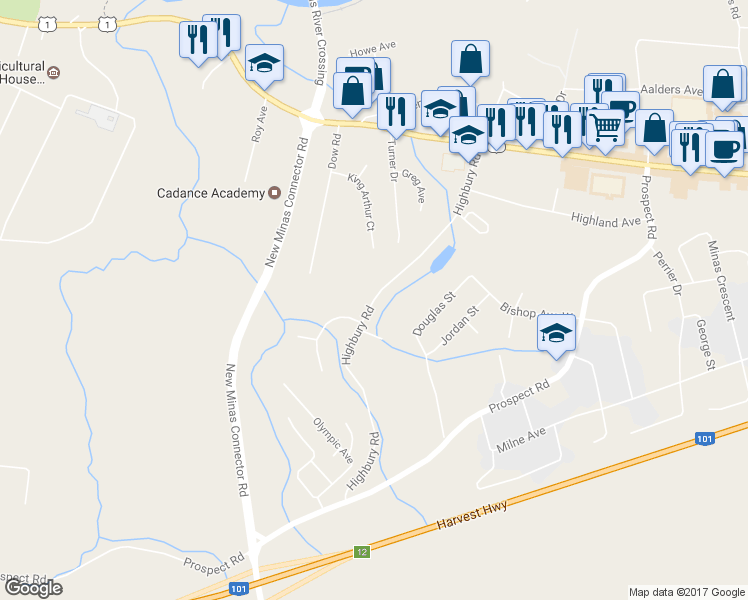 map of restaurants, bars, coffee shops, grocery stores, and more near Highbury Road in Kings County